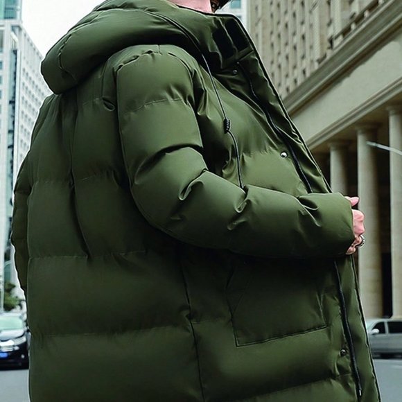 Army Green Casual Men Slant Pocket Zip Up Puffer Coat - Picture 2 of 4